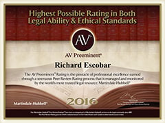 Richard Escobar Av Preeminent | 2016 | Highest Possible Rating in Both Legal Ability and Ethical Standards