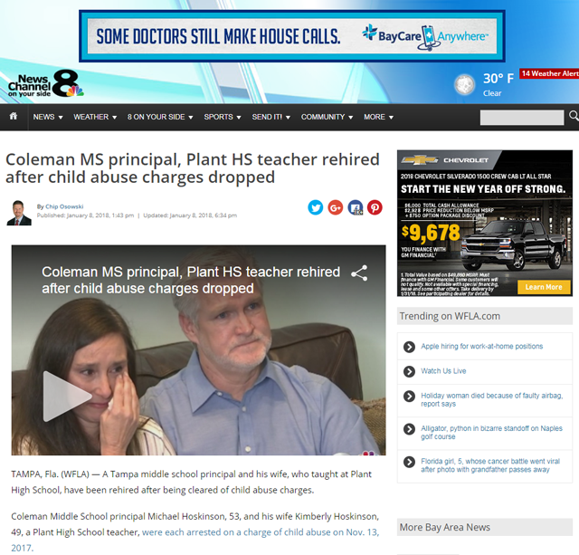 Coleman MS principal, Plant HS teacher rehired after child abuse charges dropped